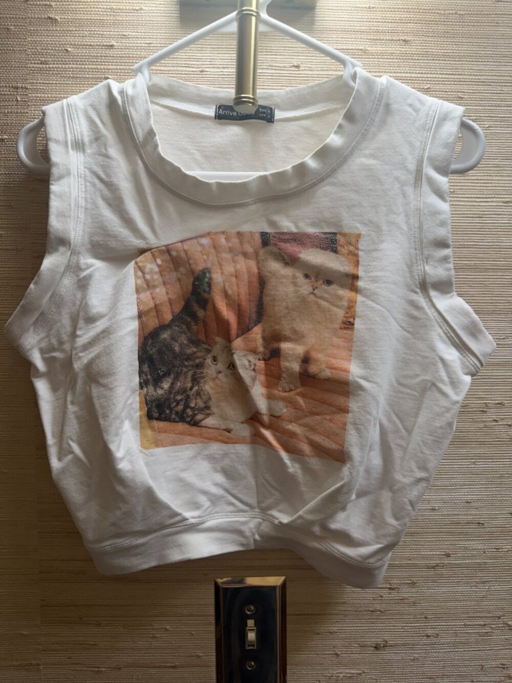 Arrive Guide Cat Graphic White Cropped Tank Top Small